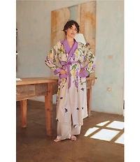 One Hundred Stars Woven Wisteria Floral Print Long Sleeve Wrap Robe