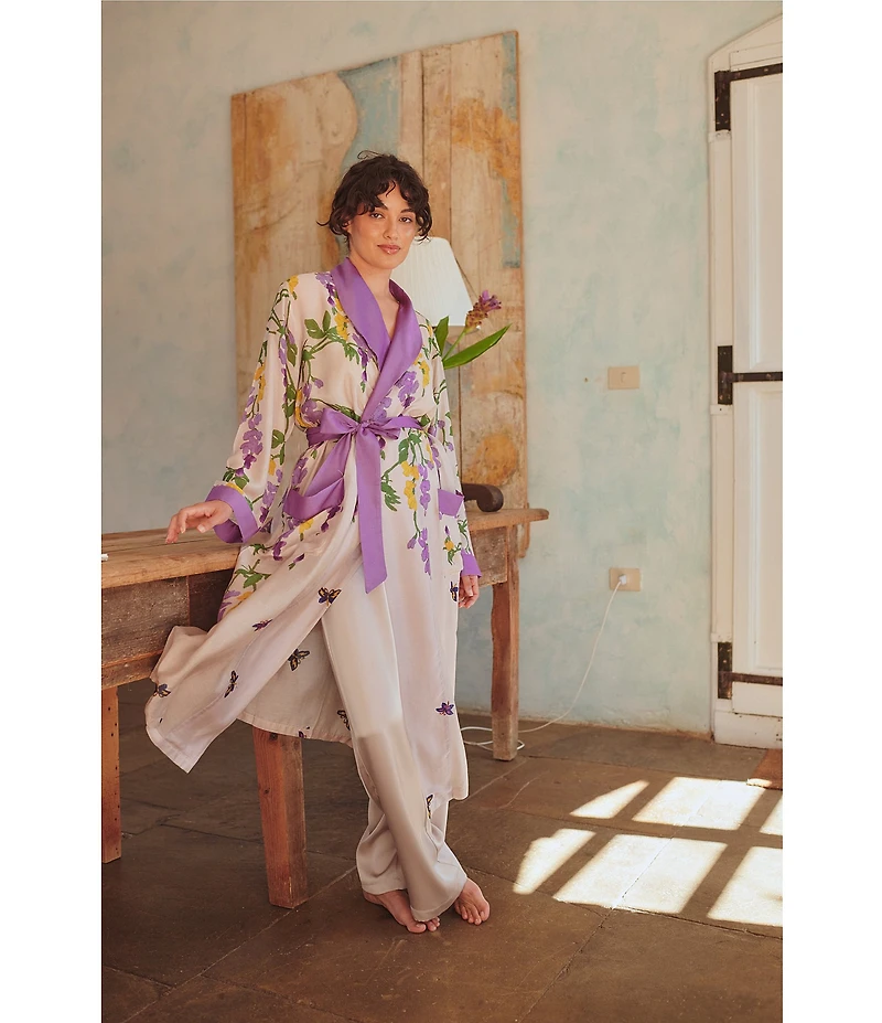 One Hundred Stars Woven Wisteria Floral Print Long Sleeve Wrap Robe
