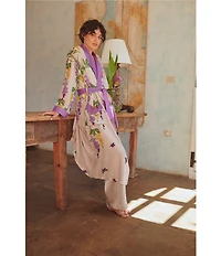 One Hundred Stars Woven Wisteria Floral Print Long Sleeve Wrap Robe