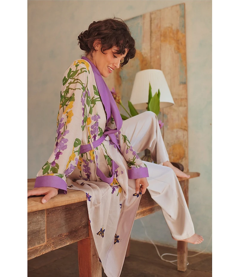 One Hundred Stars Woven Wisteria Floral Print Long Sleeve Wrap Robe