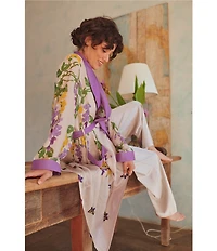 One Hundred Stars Woven Wisteria Floral Print Long Sleeve Wrap Robe