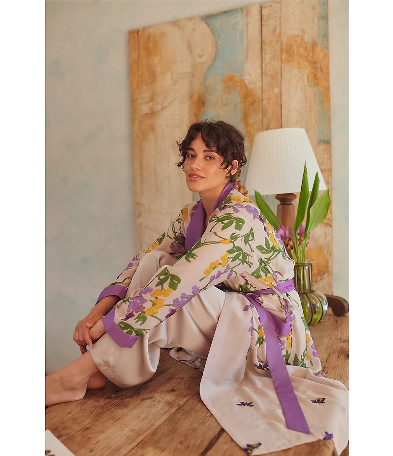 One Hundred Stars Woven Wisteria Floral Print Long Sleeve Wrap Robe