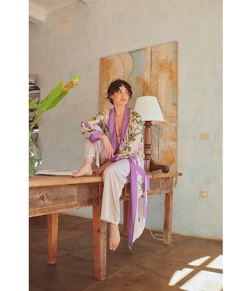 One Hundred Stars Woven Wisteria Floral Print Long Sleeve Wrap Robe