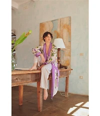 One Hundred Stars Woven Wisteria Floral Print Long Sleeve Wrap Robe