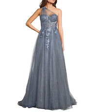 GB One Shoulder Floral Applique A-Line Gown