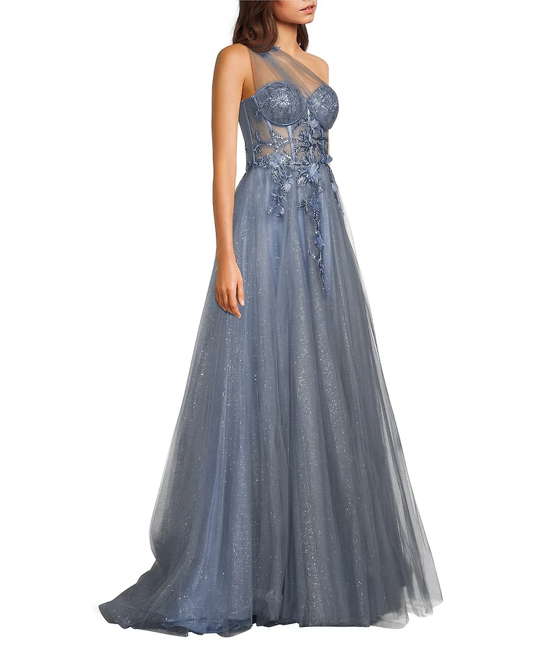 GB One Shoulder Floral Applique A-Line Gown