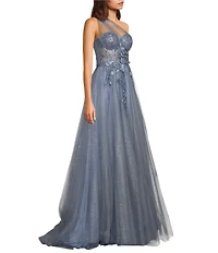 GB One Shoulder Floral Applique A-Line Gown