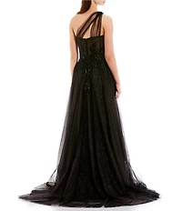 GB One Shoulder Floral Applique A-Line Gown