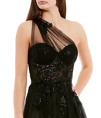 GB One Shoulder Floral Applique A-Line Gown