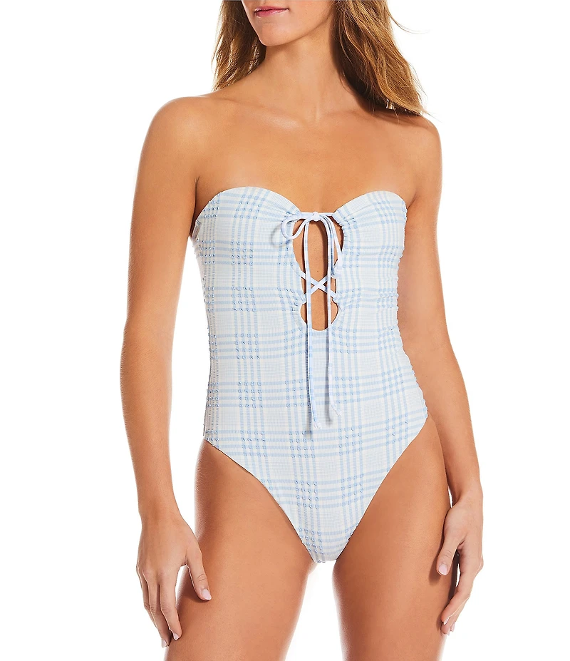 O'Neill Catamaran Plaid Poolside Texture Off The Shoulder One Piece Swimsuit