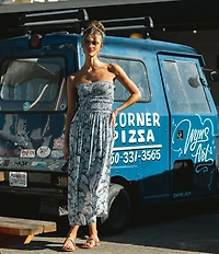 O'Neill Devyn Smocked Strapless Floral Side Slit Midi Dress