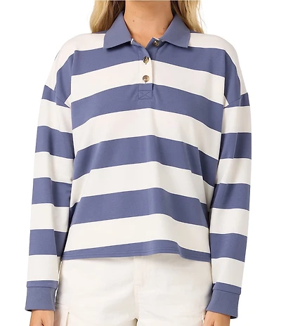 O'Neill Kyra Striped Long Sleeve Cropped French Terry Polo