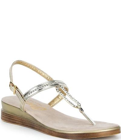 Onex Cabo Rhinestone Metallic Leather Thong Wedge Sandals