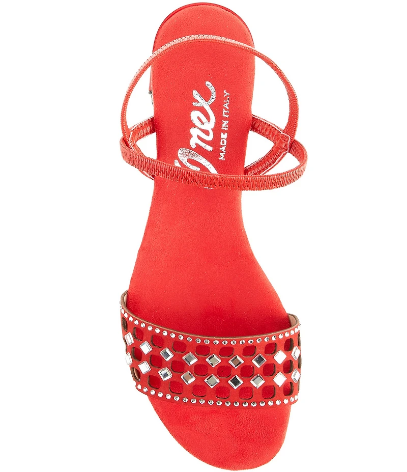 Onex Jaime Crystal Embellished Leather Ankle Strap Block Heel Dress Sandals