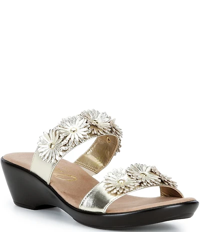 Onex Margaret Metallic Leather Flowers Banded Slide Sandals