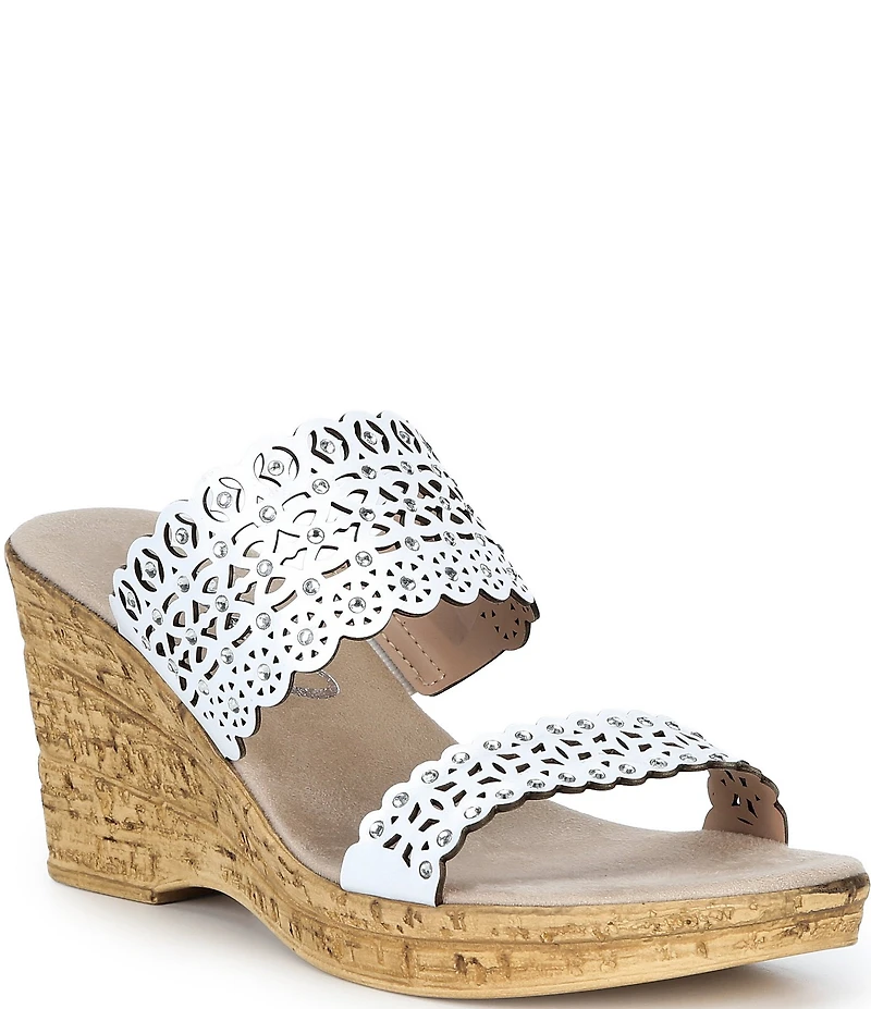 Onex Monette Leather Rhinestone Banded Cork Wedge Slide Sandals