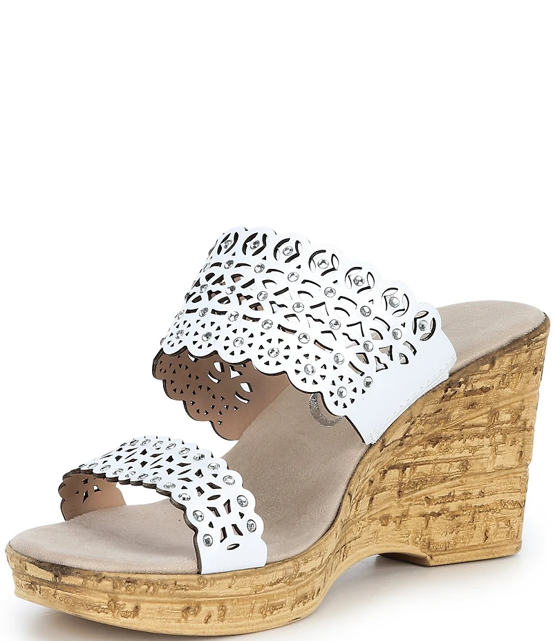Onex Monette Leather Rhinestone Banded Cork Wedge Slide Sandals