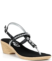 Onex Mykanos Studded Leather Slingback Cork Wedge T-Strap Sandals