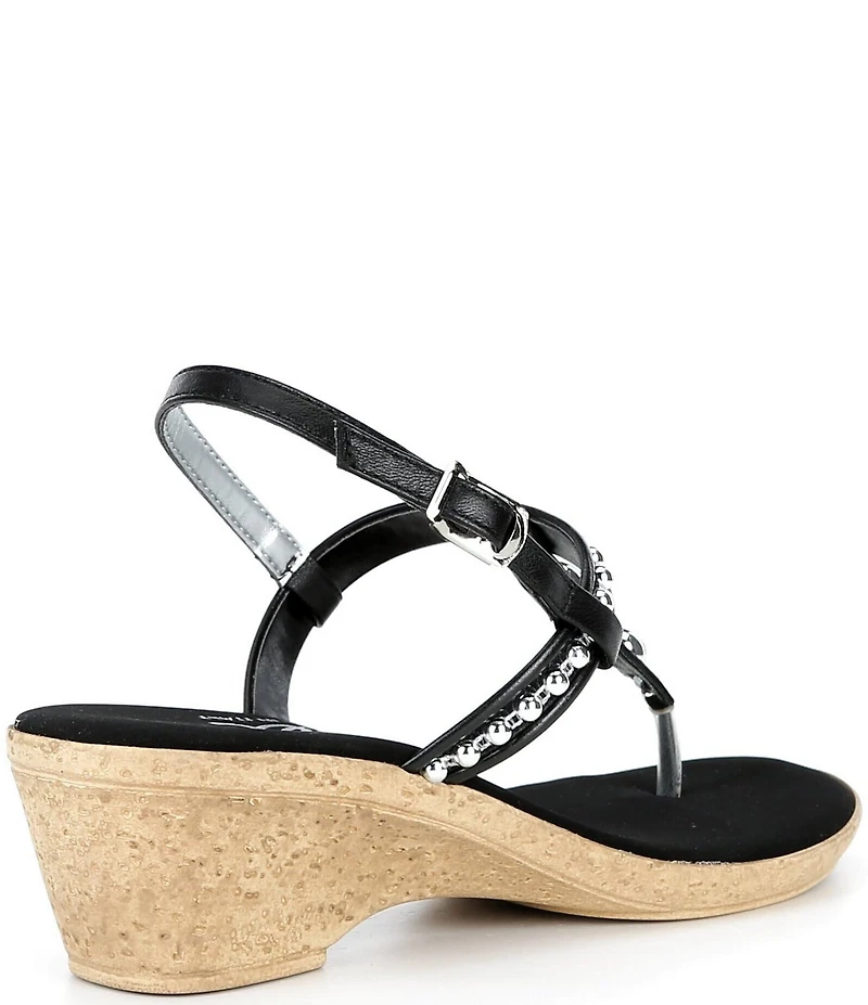 Onex Mykanos Studded Leather Slingback Cork Wedge T-Strap Sandals