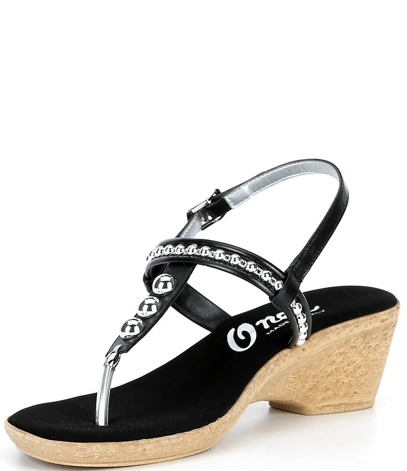 Onex Mykanos Studded Leather Slingback Cork Wedge T-Strap Sandals