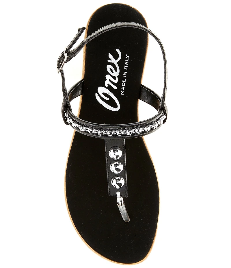 Onex Mykanos Studded Leather Slingback Cork Wedge T-Strap Sandals