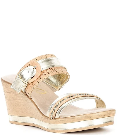 Onex Ronnie Metallic Leather Banded Buckle Wedge Sandals