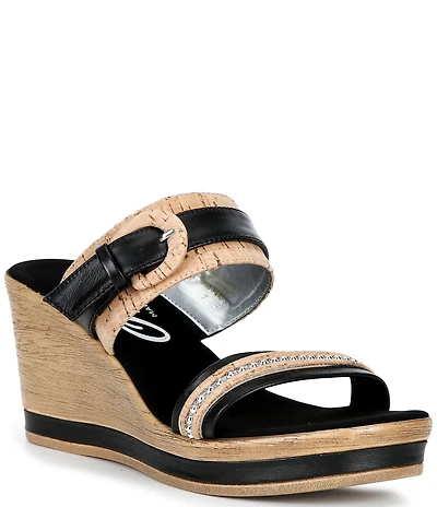 Onex Ronnie Metallic Leather Banded Buckle Wedge Sandals