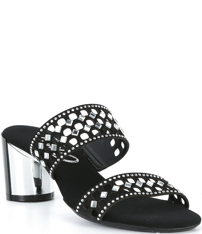 Onex Sonia Embellished Leather Metal Heel Dress Slide Sandals