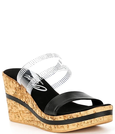 Onex Vanish Leather Rhinestone Cork Wedge Platform Slide Sandals