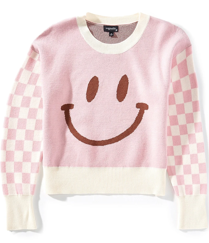 Originality Big Girls Long-Sleeve Solid/Checked Smiley Face Sweater