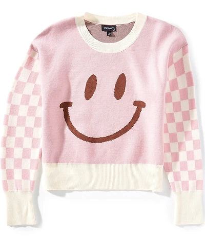 Originality Big Girls Long-Sleeve Solid/Checked Smiley Face Sweater