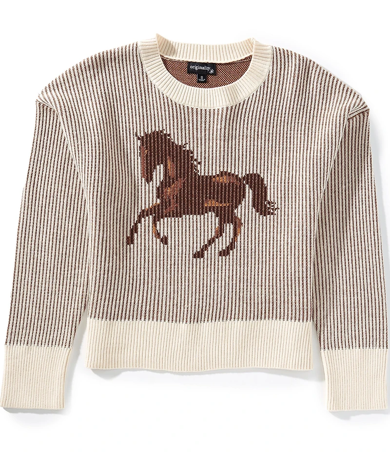 Originality Big Girls Long-Sleeve Vertical-Stripe/Running Horse Sweater