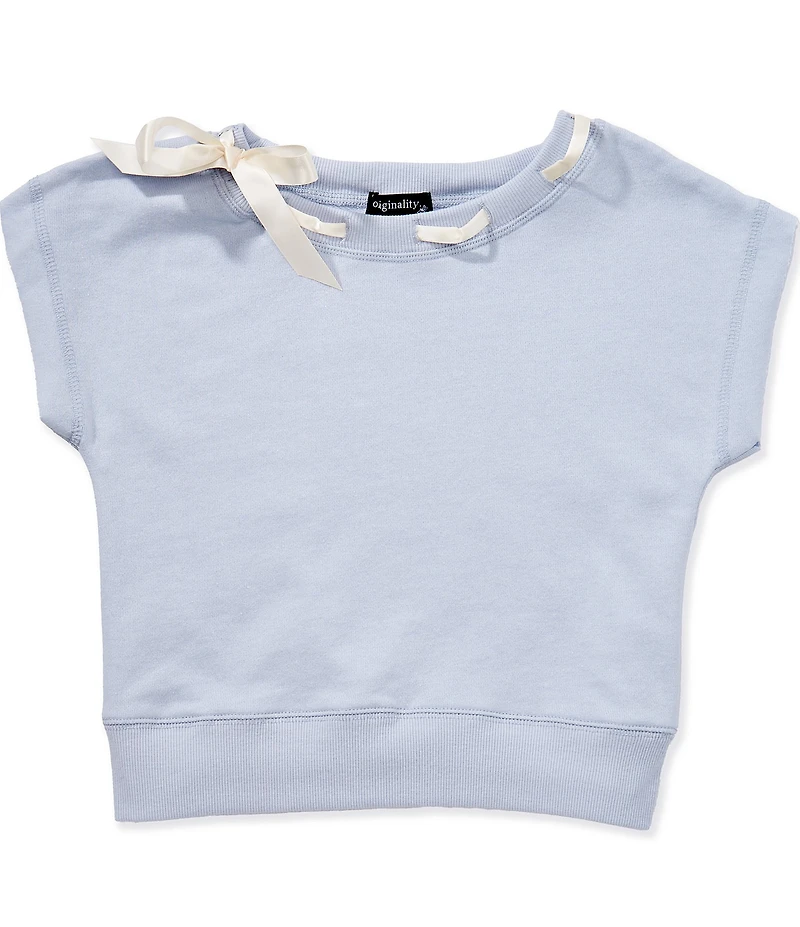 Originality Big Girls Ribbon Neckline French Terry Short Sleeve Sweatshirt
