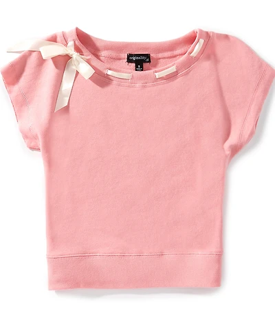 Originality Big Girls Ribbon Neckline French Terry Short Sleeve Sweatshirt