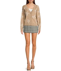 Originality Bow Print Long Sleeve Boxy Cardigan