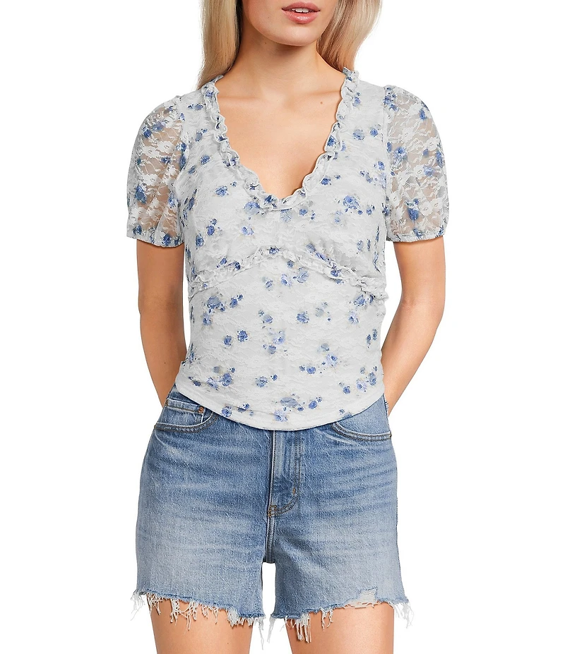 Originality Ditsy Floral Print Short Puff Sleeve Top