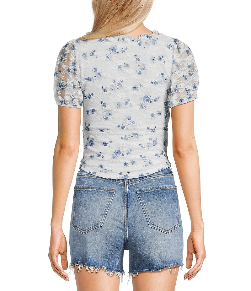 Originality Ditsy Floral Print Short Puff Sleeve Top