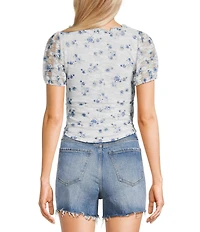Originality Ditsy Floral Print Short Puff Sleeve Top