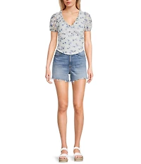 Originality Ditsy Floral Print Short Puff Sleeve Top
