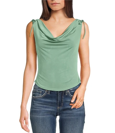 Originality Cowl Neck Tie Shoulder Top