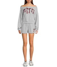 Originality Off The Shoulder Long Sleeve Bow Graphic Coordinating Cropped Sweatshirt