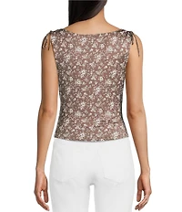 Originality Ditsy Floral Printed Lace Cowl Neck Tie Shoulder Top