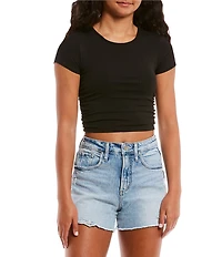 Originality Short Sleeve Shirred Side Rib Knit Crop Top