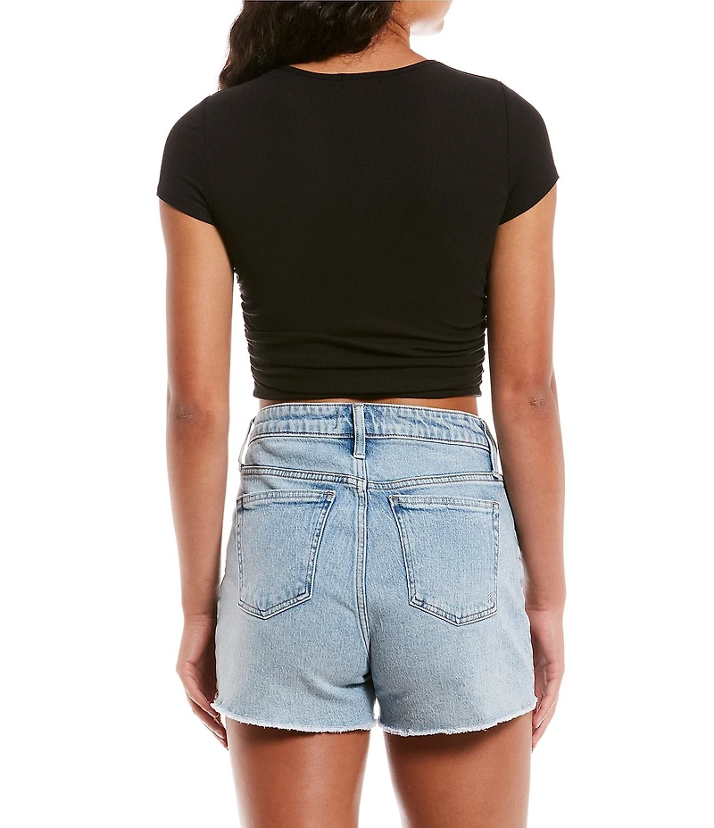 Originality Short Sleeve Shirred Side Rib Knit Crop Top