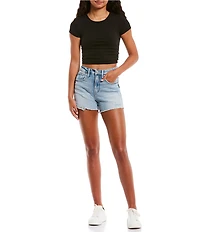 Originality Short Sleeve Shirred Side Rib Knit Crop Top