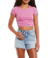 Originality Short Sleeve Shirred Side Rib Knit Crop Top