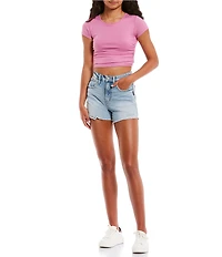 Originality Short Sleeve Shirred Side Rib Knit Crop Top