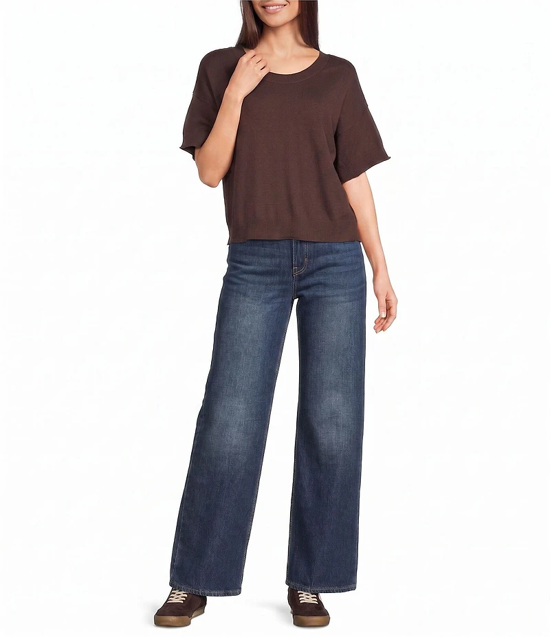 Originality Solid Short Sleeve Cropped Boxy Sweater Top