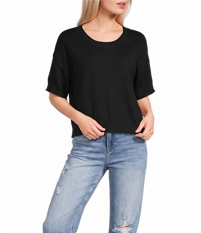 Originality Solid Short Sleeve Cropped Boxy Sweater Top