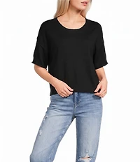 Originality Solid Short Sleeve Cropped Boxy Sweater Top